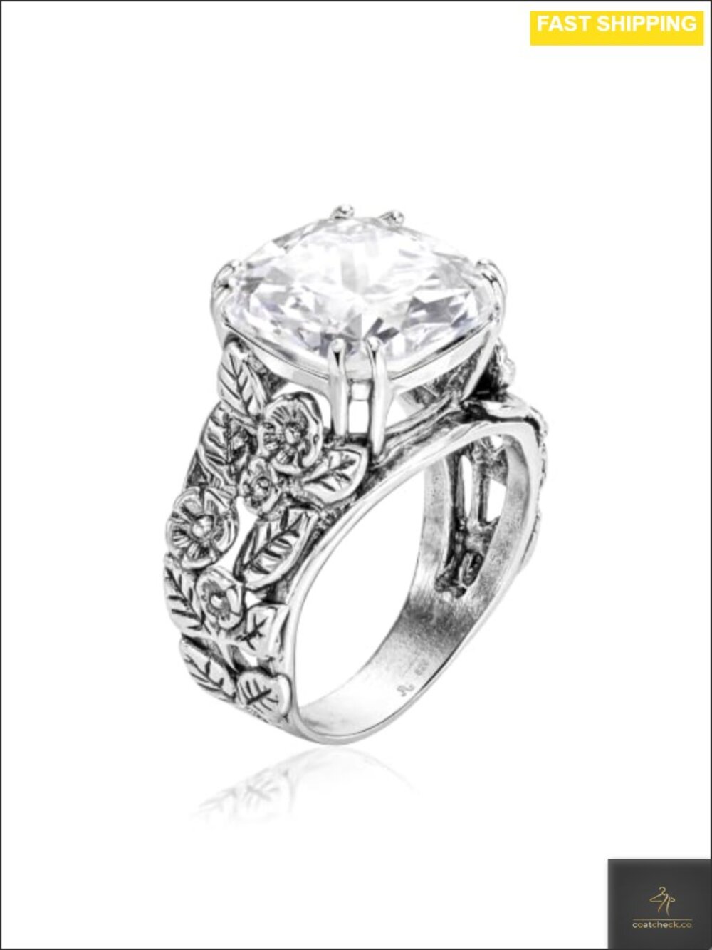 925 Sterling Silver Ring Cushion Cubic Zirconia Floral Leaf Vintage Statement